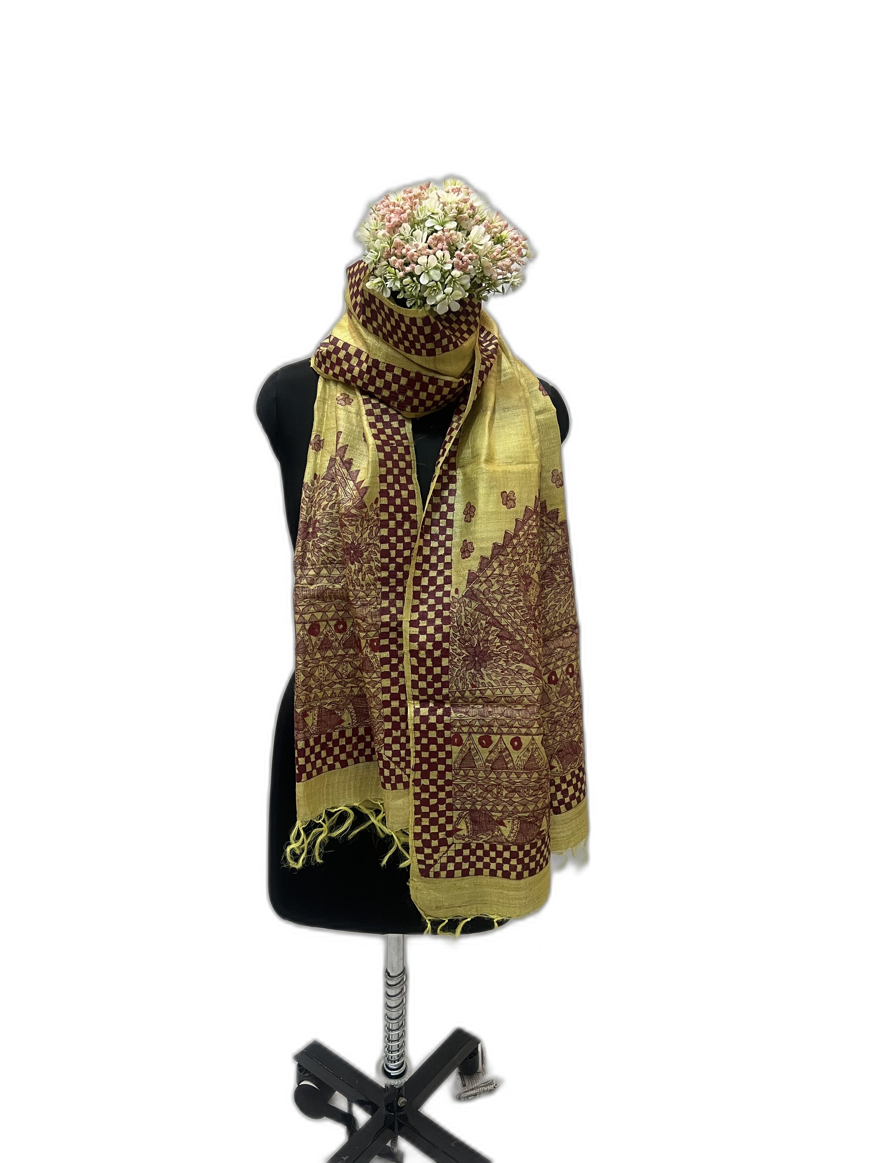 Desi Tussar Silk Stole in Yellow with Handpainted Madhubani